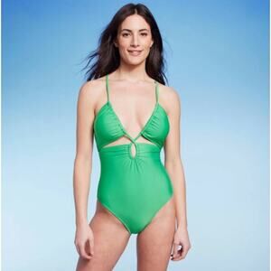 NWT Shade & Shore Women's Plunge Cut Out One Piece Swimsuit - Green Size Medium